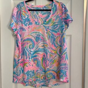 Lilly Pulitzer Etta V-Neck Top in a vibrant multi-color tropical print.